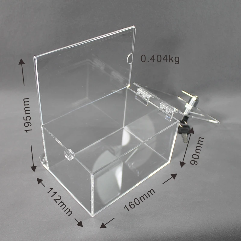 Сделанный на заказ акриловый прозрачный маленький ящик для отображения с крышкой держателем и блокировкой ключа сохранения монет купюр
