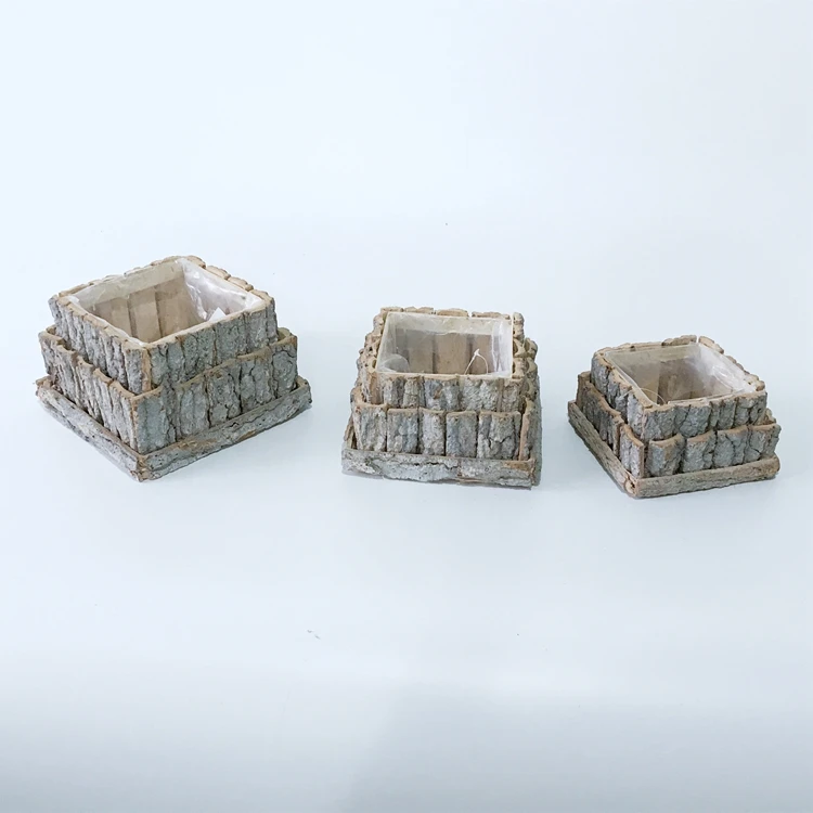 
Hot sales decorative square shape double-deck unique design poplar bark pot with plastic lining for planting 