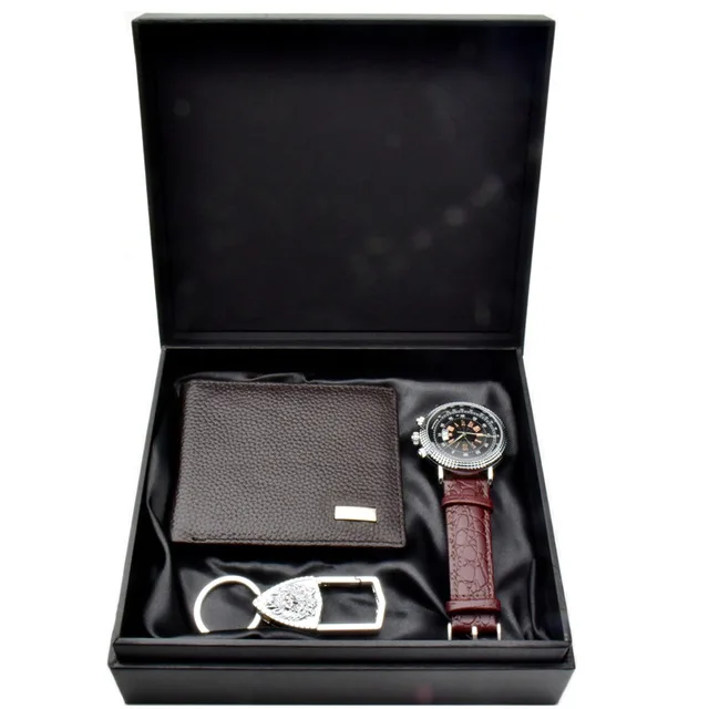 High quality wholesale promotion gift luxury custom PU leather wallet and keychain classical business man gift set