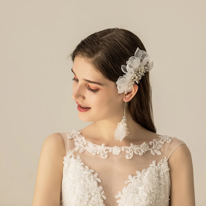 E017 Pearl earring cristal sets for women fashion flower korea earring jewelry bridal wedding headpiece