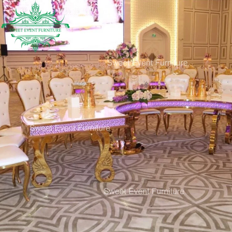 Latest royal design half moon shape wedding table with golden chairs