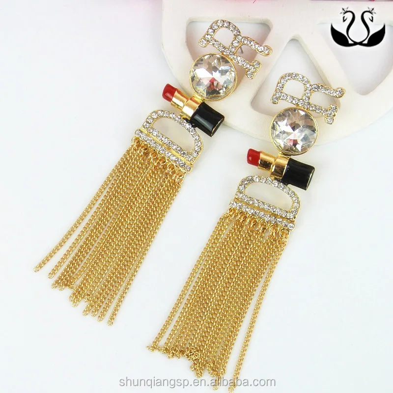 Hot Selling 5.3cm Letters Inlay Crystal Long Tassel Vintage big elegant gold earrings designs