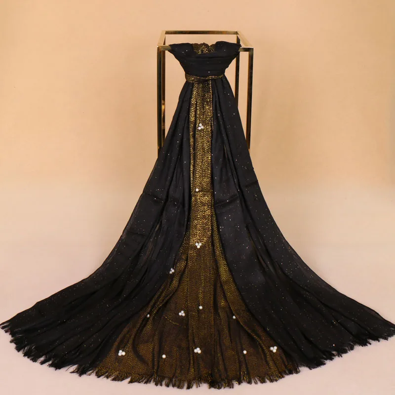 Элегантный стиль Shimmer Блеск Блестящий хлопок люрекс мусульманское исламское шаль Хиджаб шарфа с Бусы Жемчуг Fringe лоскутное