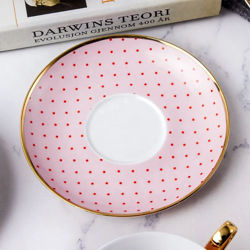 New Design Gold Plate Handle pink ceramic Tea  cup and saucer