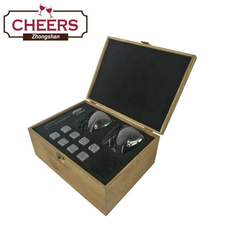 Premium Whiskey Stones and Whiskey Glasses Gift Boxed Set, 8 Granite Chilling Whisky Rocks with Ice Tong and Pouch in Wooden Box