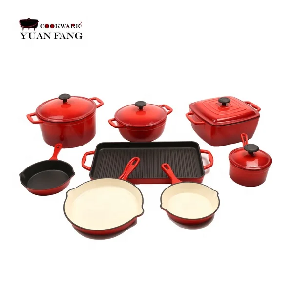 Поставка с завода, высококачественный чугунный набор посуды из красной эмали, 12 шт., антипригарные кухонные кастрюли и сковородки, наборы посуды