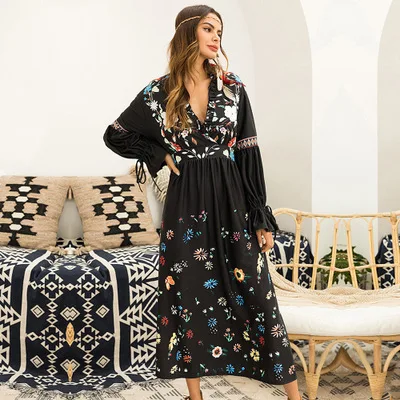 Женское элегантное ДРАПИРОВАННОЕ свободное платье с V-образным вырезом, расклешенными манжетами и длинным рукавом, хлопковое этническое платье