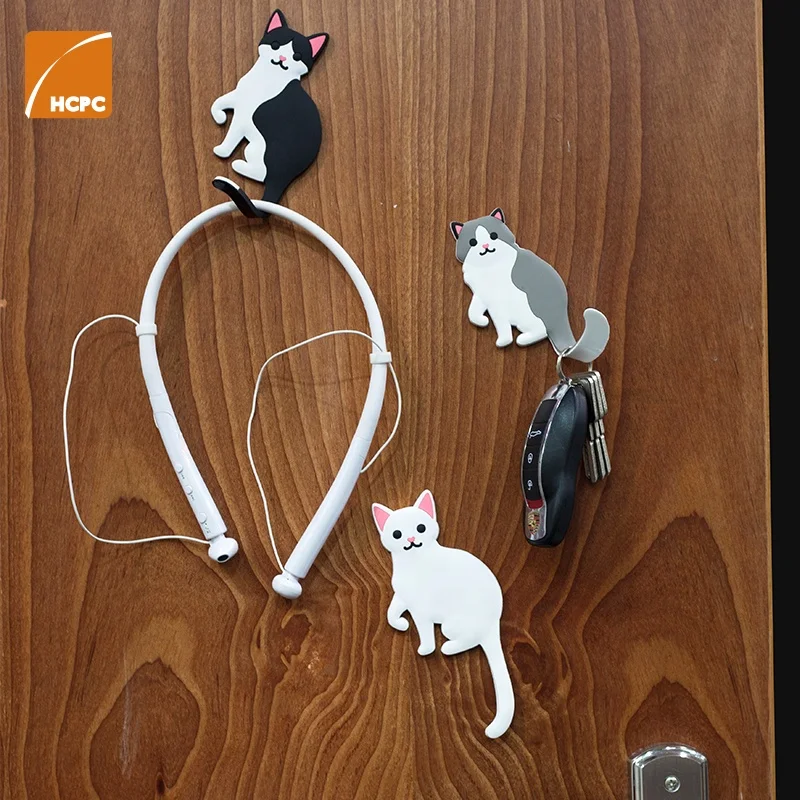 Self adhesive 3D PVC Lovely Cat Refrigerator with Tail Hook, Kitchen Decor Hanger,Office Whiteboard Stickers, Key Holder