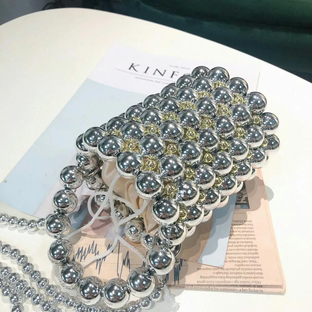 Summer 2021 New Korea Silver Handmade Pearl Bag Mini Bucket Bag Beaded Hand Bag