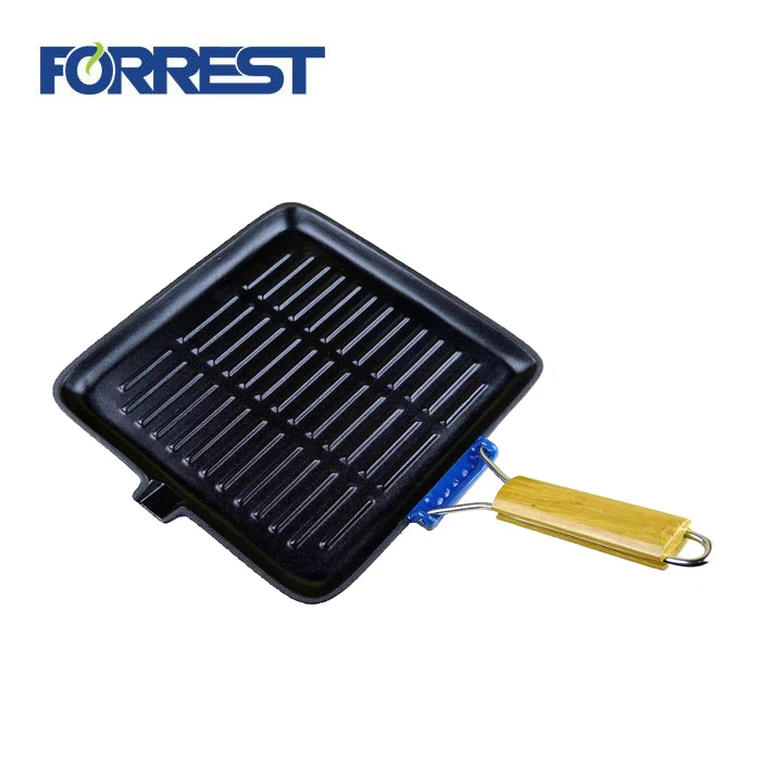 Hot Sale Cast Iron Steak Frying Pan Square Gril Dishl Pan With Removable Wooden  Handle