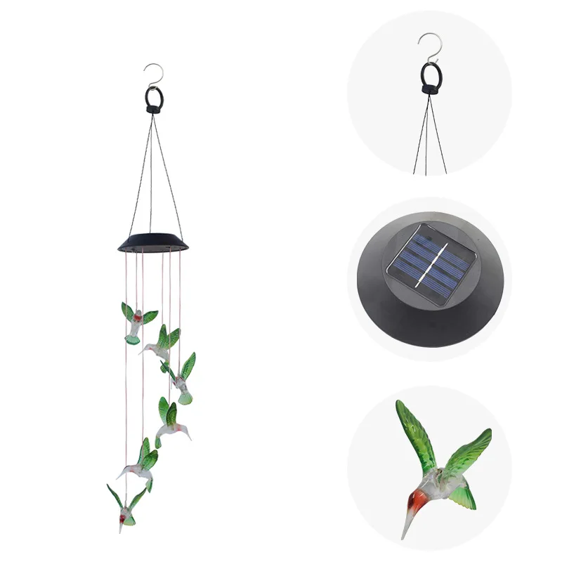 OEM China factory Outdoor Solar Powered Decor Hanging Garden LED Color changing solar hummingbird wind chime lights for window