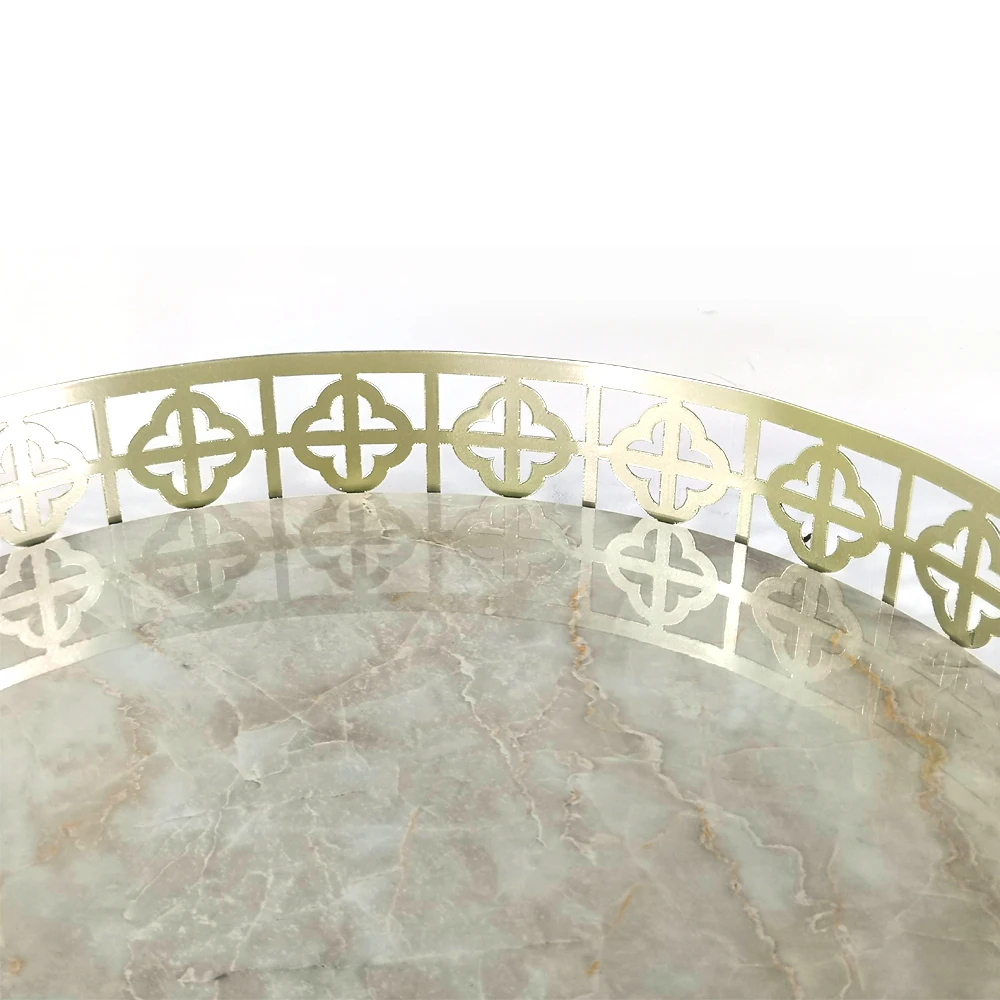 100% handmade round artificial gold marble metal serving tray for home decor and hotel