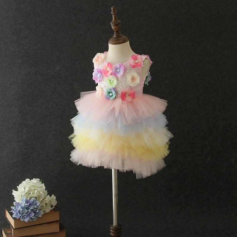 2019 Unique Design Pink Flower 1 Year Old India Summer TUTU Baby Girl Princess Dresses For Holiday Birthday Party