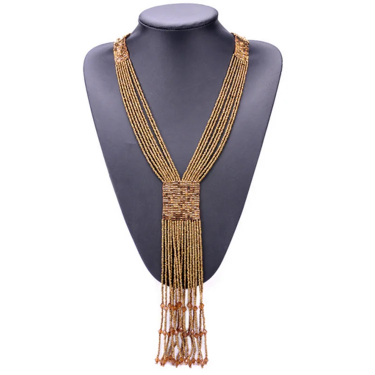 Handmade woven boho long tassel seed bead necklace popular in European