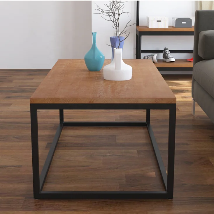 Wooded desktop metal frame leg rectangular coffee table for living room furniture