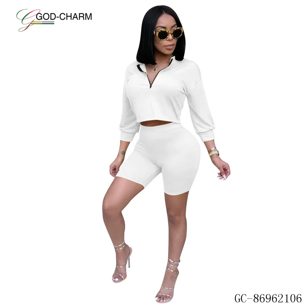 *GC-86962106 2020new Wholesale plain color zipper collar long sleeve t shirt and hot shorts two piece set blank women track suit