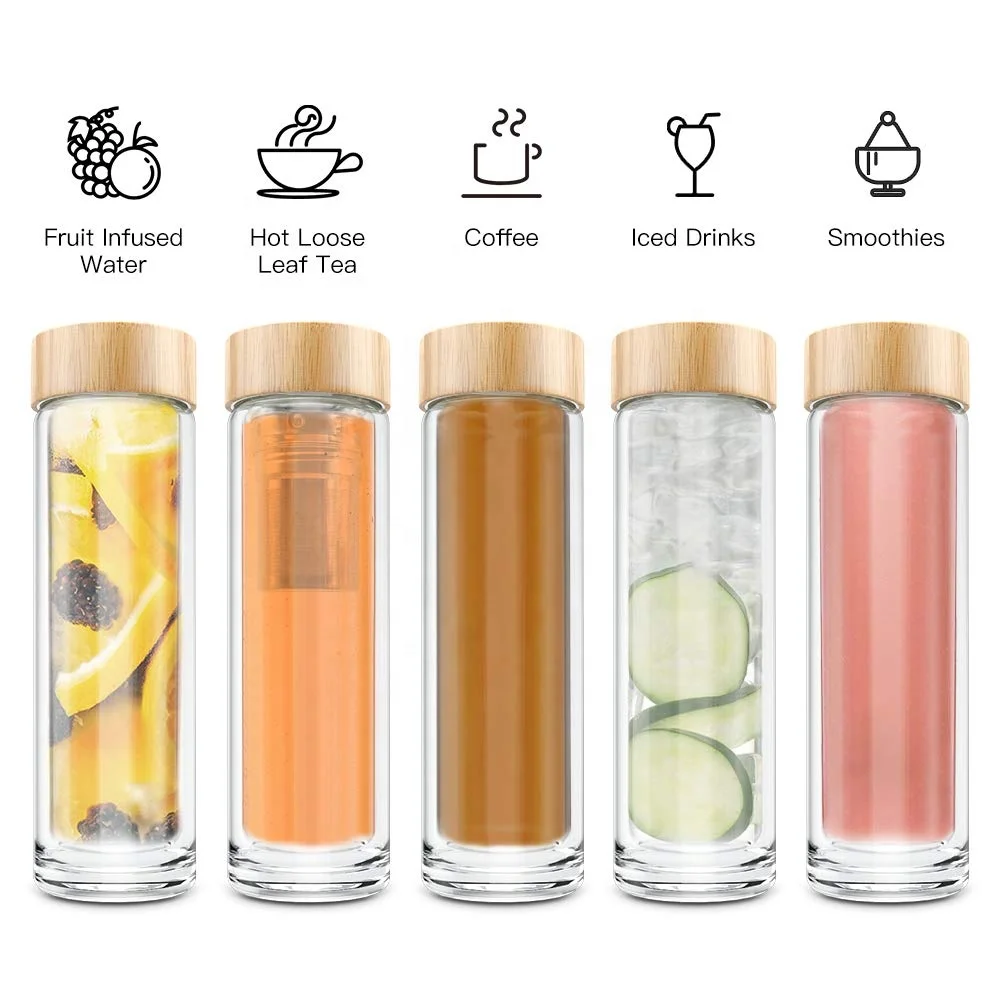 Custom Logo Double Wall High Borosilicate Glass Tea Tumbler Infuser Bottle with Strainer for Loose Leaf Herbal with Bamboo Lid