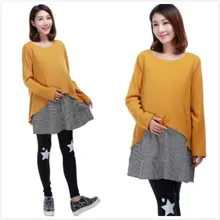 LaLa Autumn and Winter Plaid Loose Plus Size Maternity Dress Long sleeve Patchwork Cotton Formal Clothes