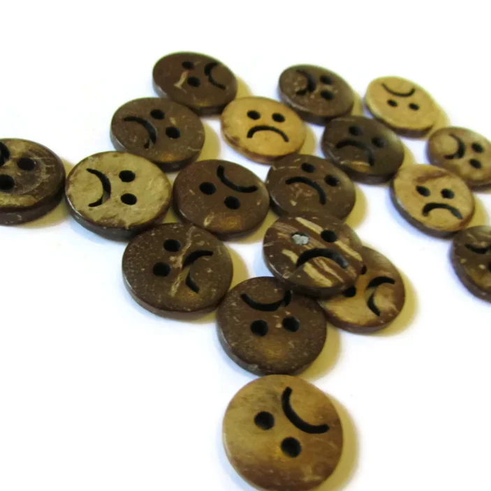 Stand Type Coconut Shell Buttons with Brown Happy Sad Face Design