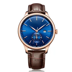 Shine Blue Sunray Face Real 3D Index Brown Leather Strap Date Window Show With Second Subdial Sport Stainless Steel Watch Men