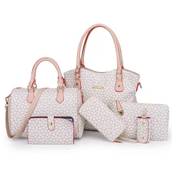 China Custom Printing Ladies Handbag Set 6pcs In 1 Metal Hardware Crosshatched Leather Women Bag Purse Handbag Manufacturing