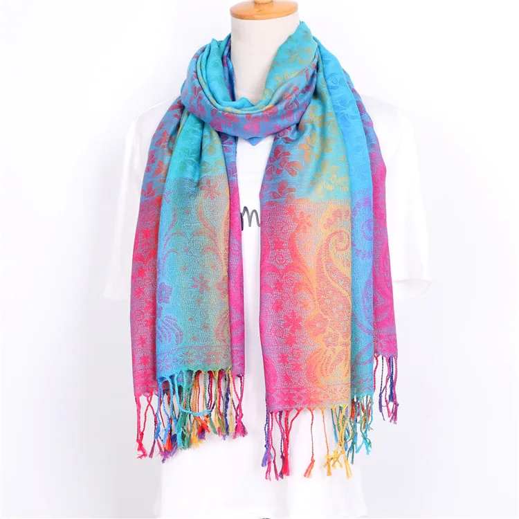 Colorful flowers Jacquard Scarf cotton pashmina Women Wrap Shawl tassels Scarves