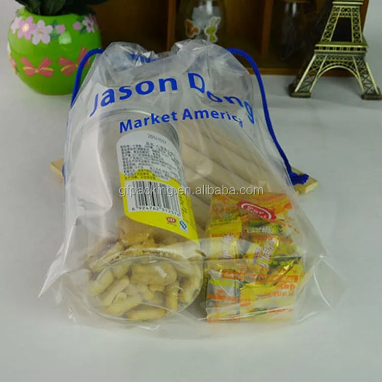 Пользовательский водонепроницаемый прозрачный пластиковый полиэтиленовый мешок на шнурке с принтом