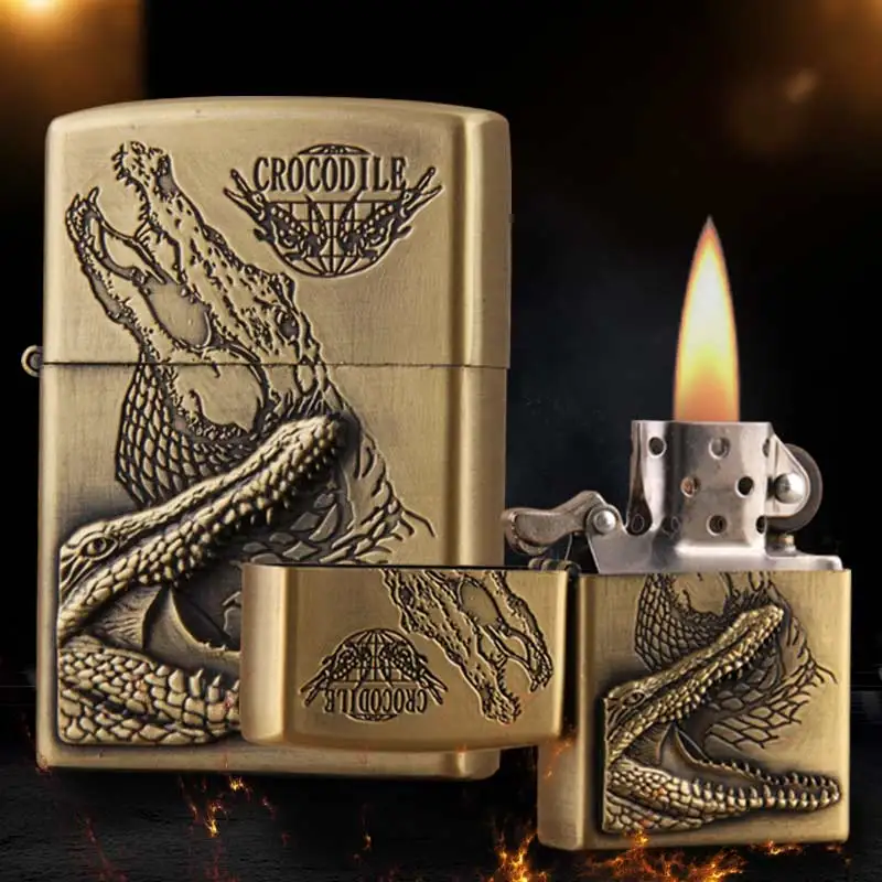 6083D yanzhen factory direct bronze embossed crocodile oil lighter wholesale