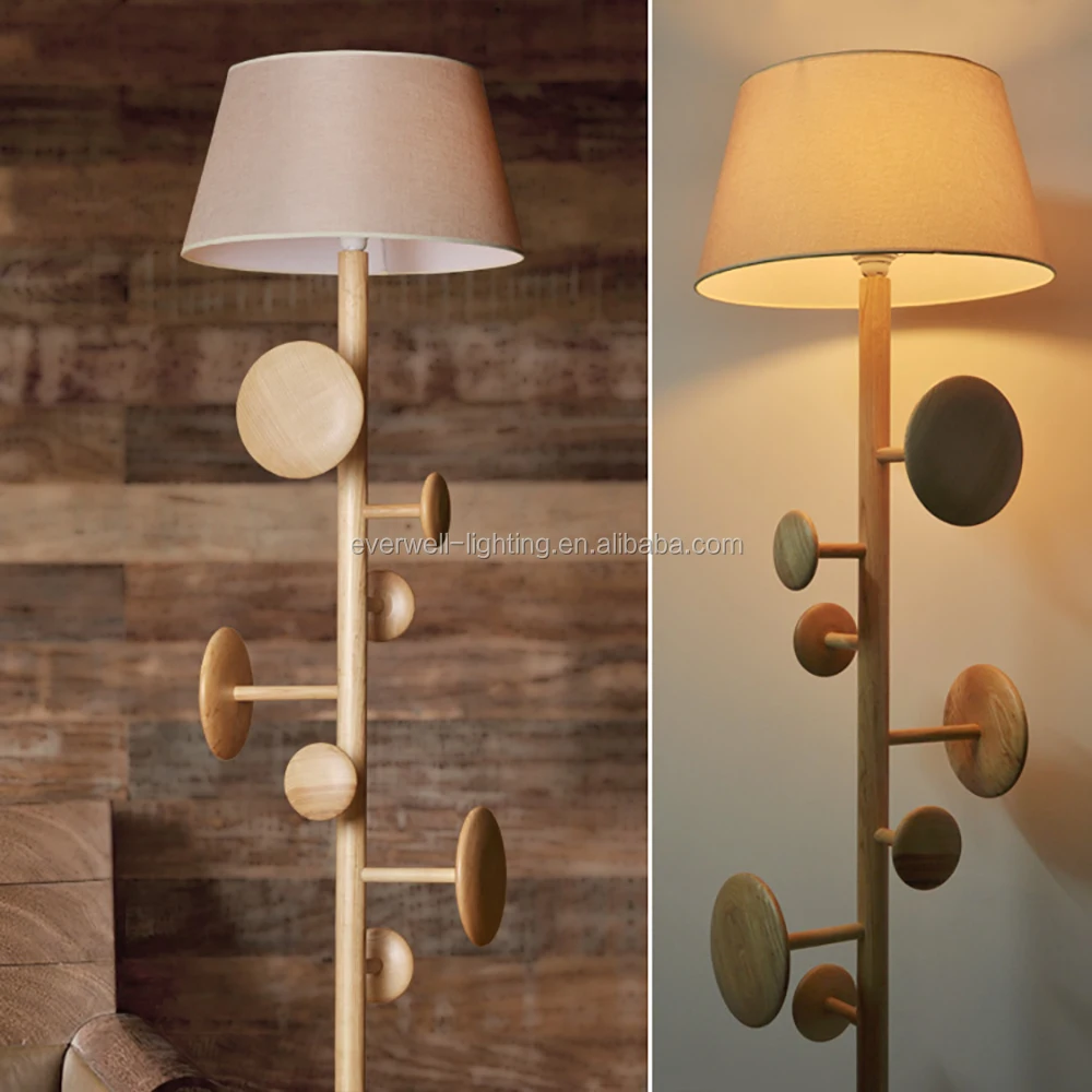 Modern Wood Floor Standing Lamps Fabric Lampshade Red Cord Wooden floor light