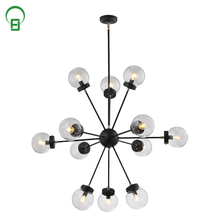 Metal glass Matte Black color base art ball large chandelier pendant light