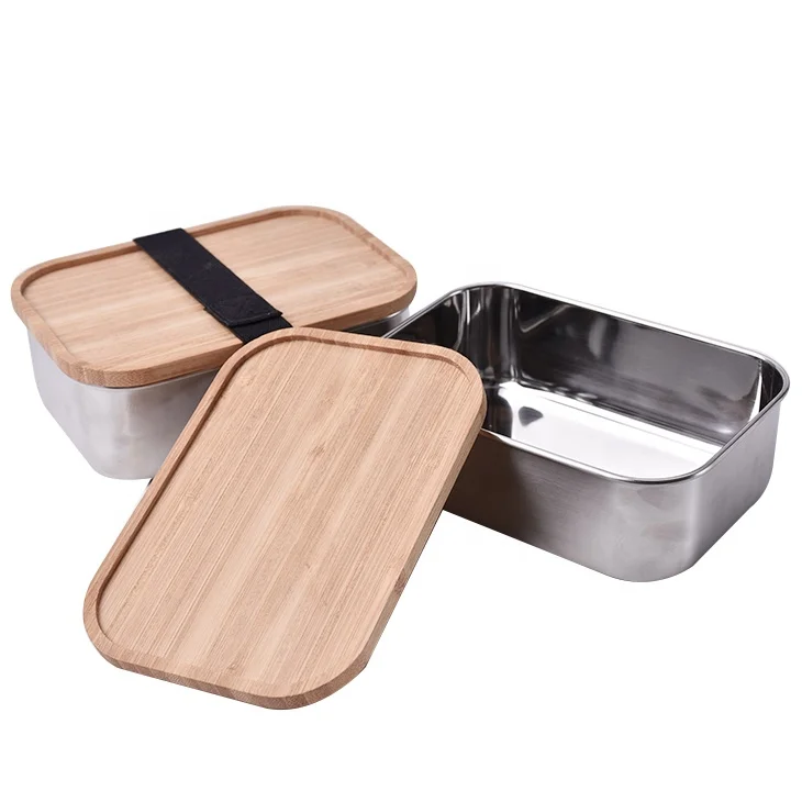 2021 800 1000 ml rectangle tableware air tight bamboo lid stainless steel lunchbox food container eco friendly with elastic belt