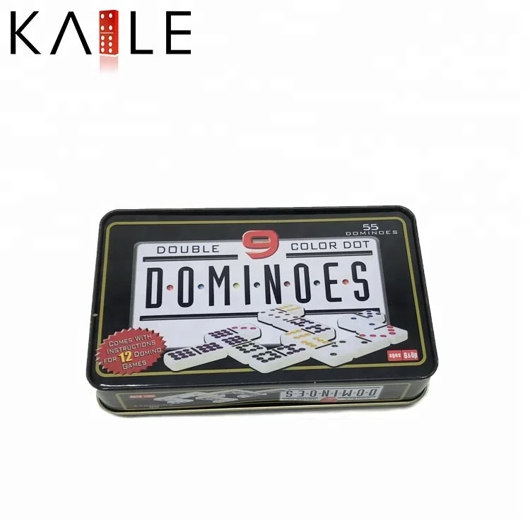 Wholesale Custom Double 9 Plastic Dominoes with Tin Box 55pcs White Domino Colored Dot Paint for Table Games