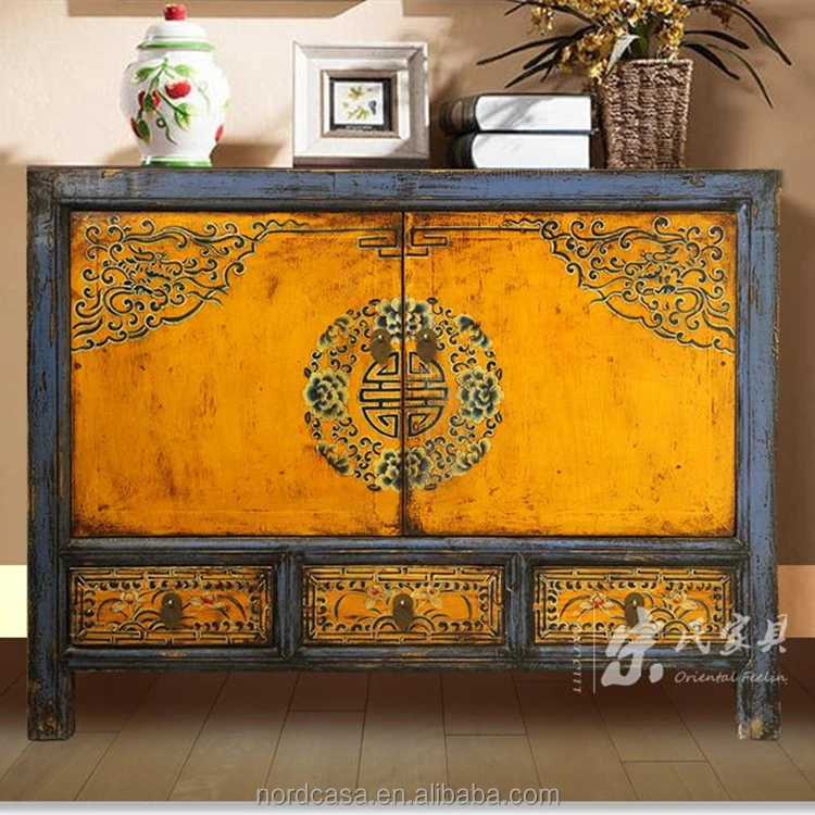 pine wood Mongolia Three Drawer Two Door cabinet