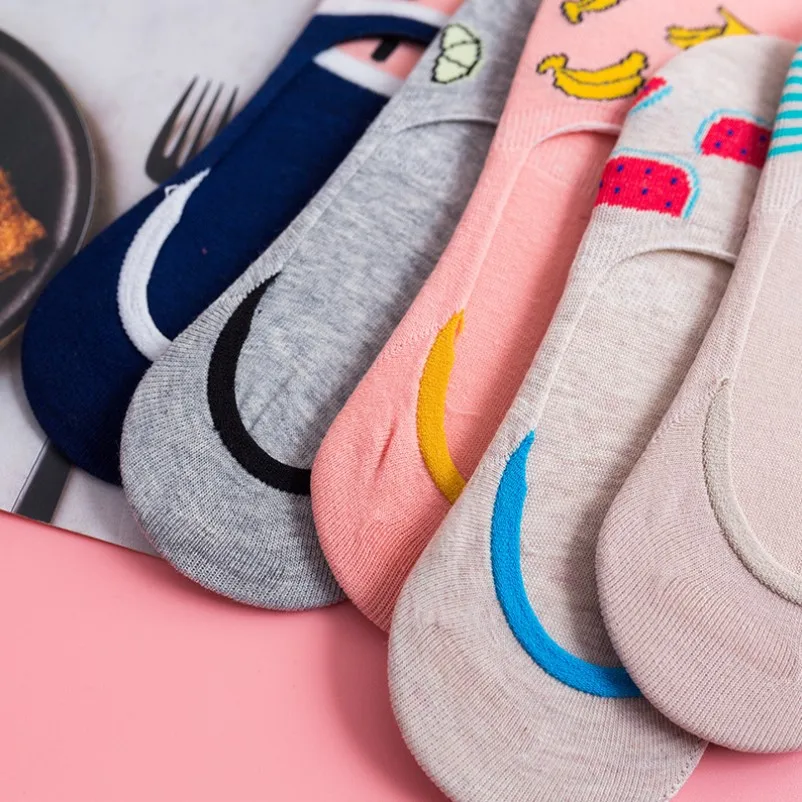 Красочные удобные летние хлопковые женские носки-невидимки с фруктами