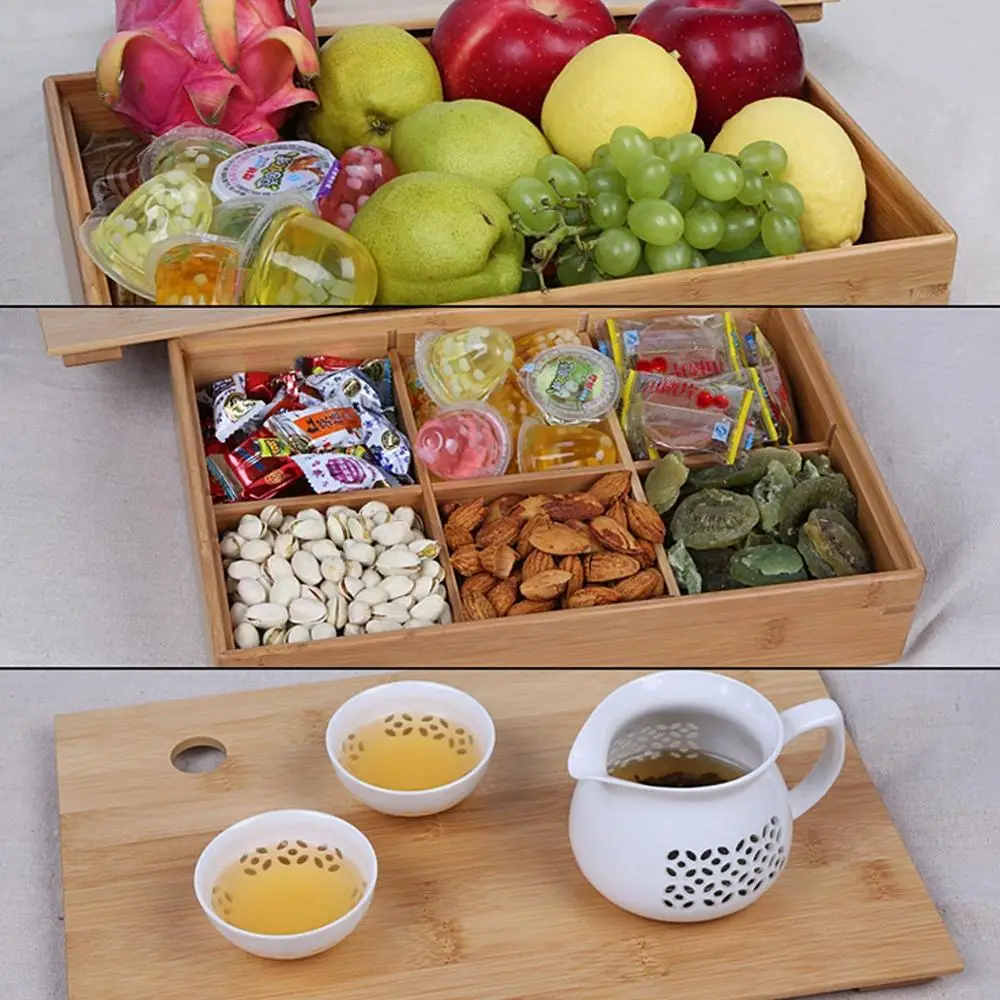 atural Bamboo Wood Storage Box with Dividers Creative Multi Use as Snack Organizer Pantry Fruits Basket Serving Tray Container
