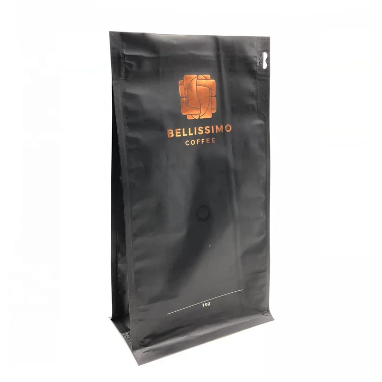 Hot stamping 250g 1kg flat bottom compostable plastic food plastic bag valve waterproof coffee packaging bag