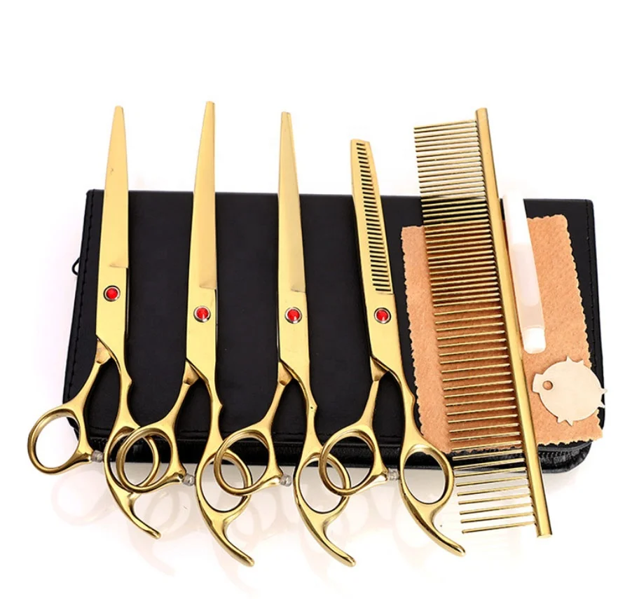 
7 Inch Pet Dog Cat Grooming Hair Cut Scissors Set Curve Scissors Sets with Suit Case 