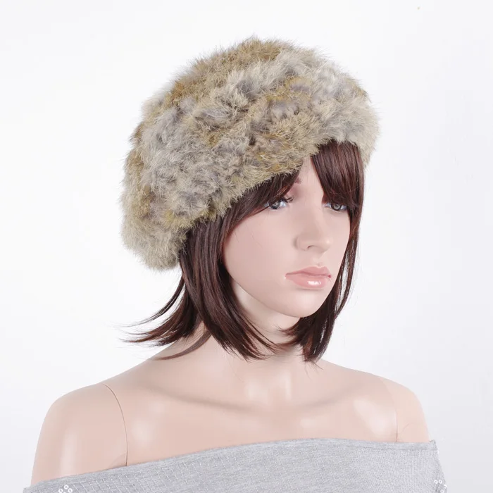 Crochet Ladies Winter Hand Knit Rabbit Fur Beret Hat