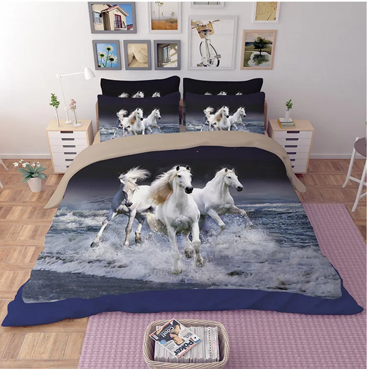 
European Style 3D Running White Horse 100% Polyester Bedclothes With Pillowcase Quilt Cover , Bed Sheet Set , Bedding Set 