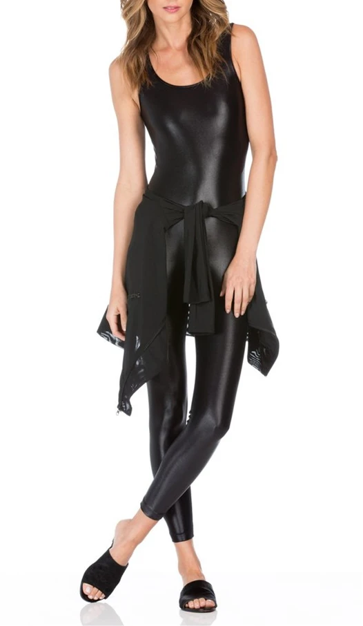Quick Dry Shiny Bodysuit Polyester  Tight Jumpsuit Yoga Pants and Top Black for Women Sportswear OEM Service Fitness & Yoga Wear