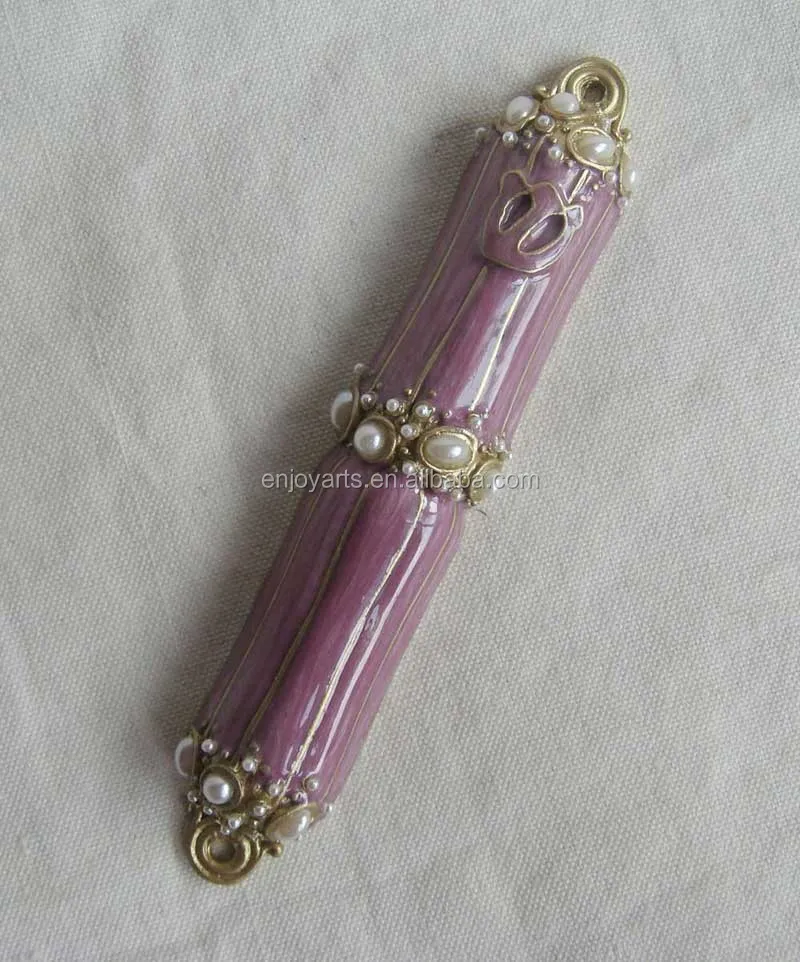 Shiny Silver White Hand Enameled And Pearls Jeweled Metal Zinc Alloy Jewish Scroll Mezuzah Case(P32016c)