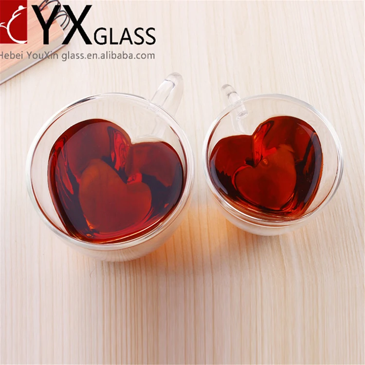 
Heart shape high clear double wall glass cup tea glass with handle 