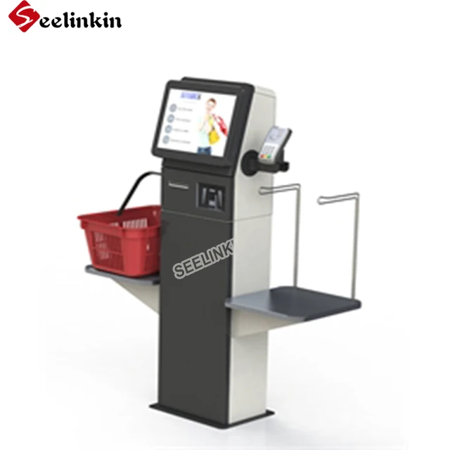 Supermarket touchscreen Self-service Checkout kiosk with barcode scanner and POS