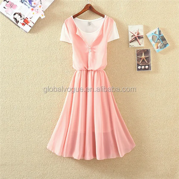 2016 new summer Korean round neck pleated chiffon A-line dress,fake two pieces shortsleeved chiffonwomen fashion dress