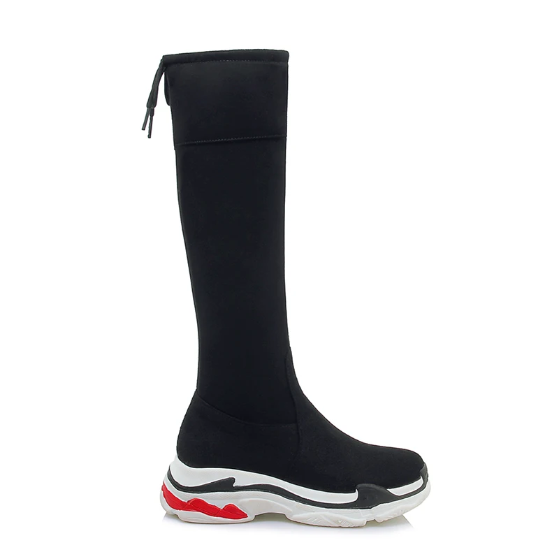 WETKISS Hot Selling Lace Up Knee Boots Round Slip On Stretch Winter Boots Women Shoes Solid Black Platform Flat Thigh High Boots