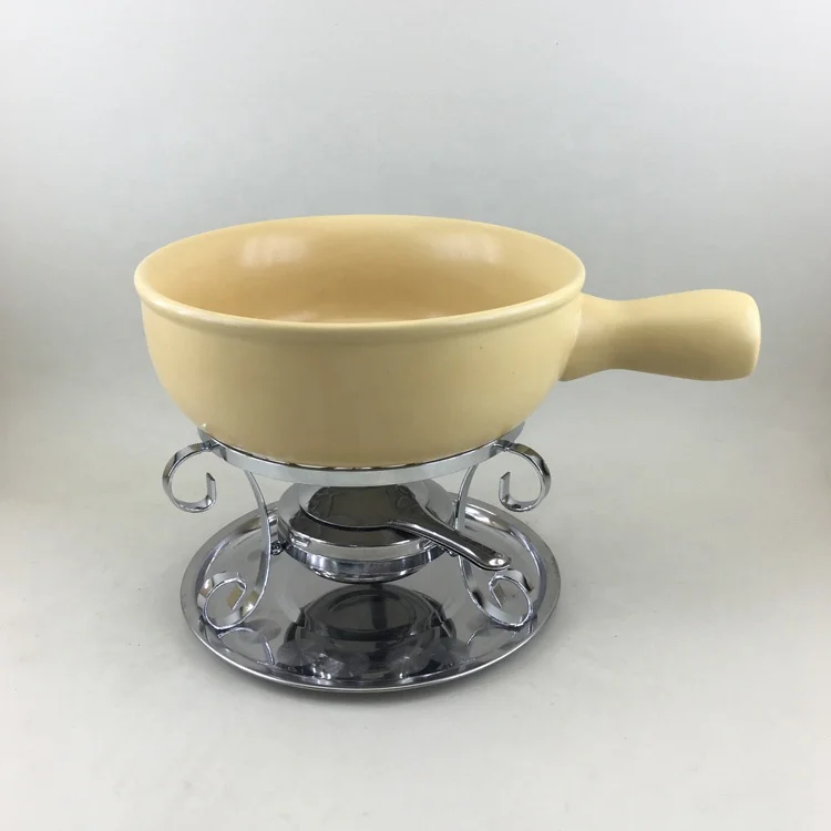 French style heat resistant western hotel ceramic sterno white fondue pot with stand