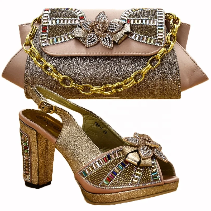 Высококачественные вечерние итальянские туфли и Сумки из натуральной кожи золотистого цвета