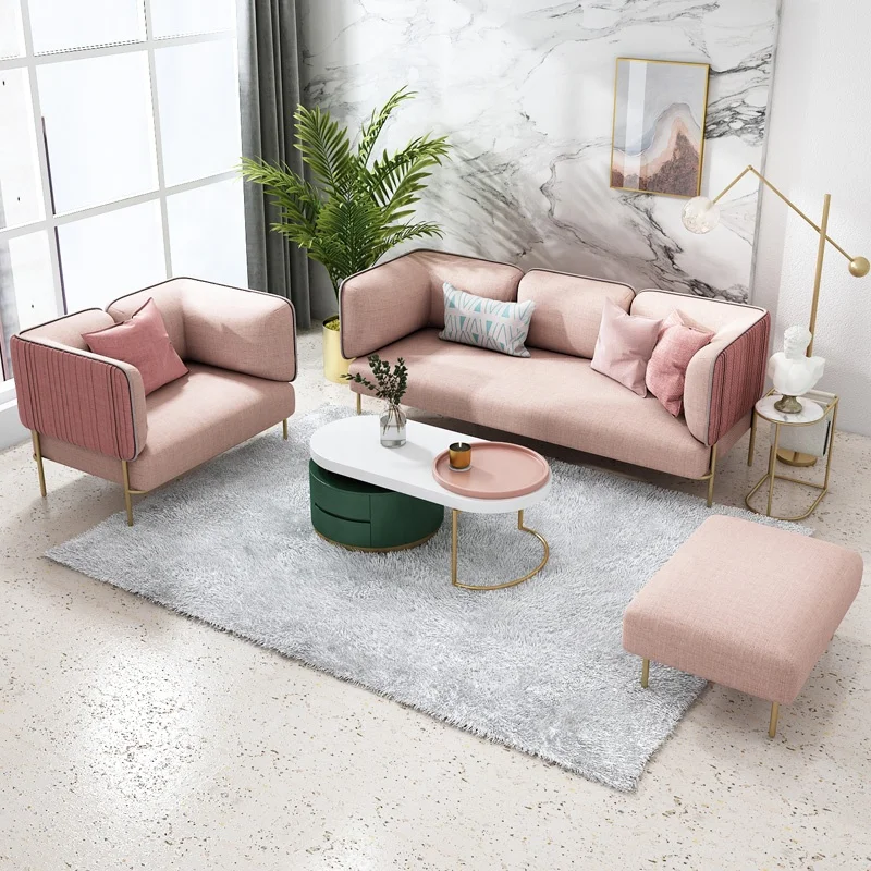 Wholesale Modern Furniture Living Room Metal Leg Pink 2 or 3 Seater Sectional Fabric Sofa