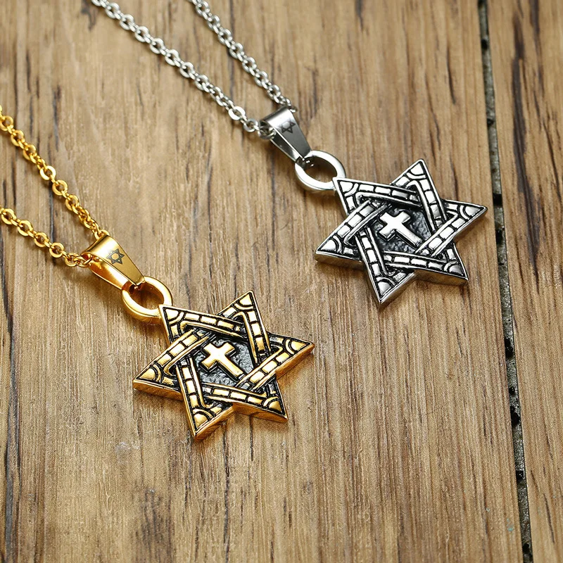 YK Wholesale Jewelry Quality Six Point Star Pendant Stainless Steel Cross Gold Plated Necklace