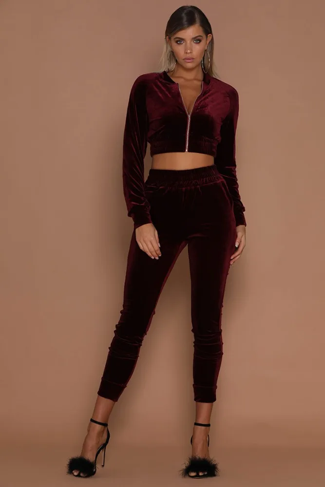 Wholesale latest design polyester plain velvet velour fitted womens tracksuit